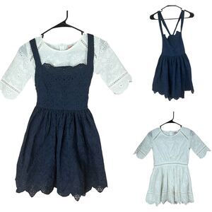 Marlo Girls Dresses SIZE 10-11 Years Lace Eyelet White Navy Blue Tie Back Mini